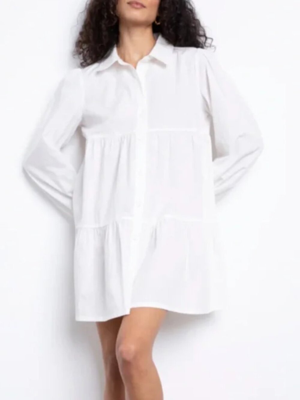 Sanctuary Tiered Long Sleeve Shirt Dress — White | S